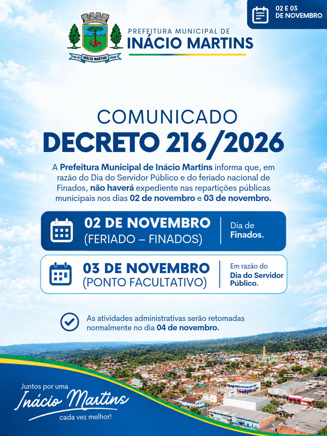 Repartições públicas municipais têm expediente suspenso nos dias 2 e 3 de novembro
