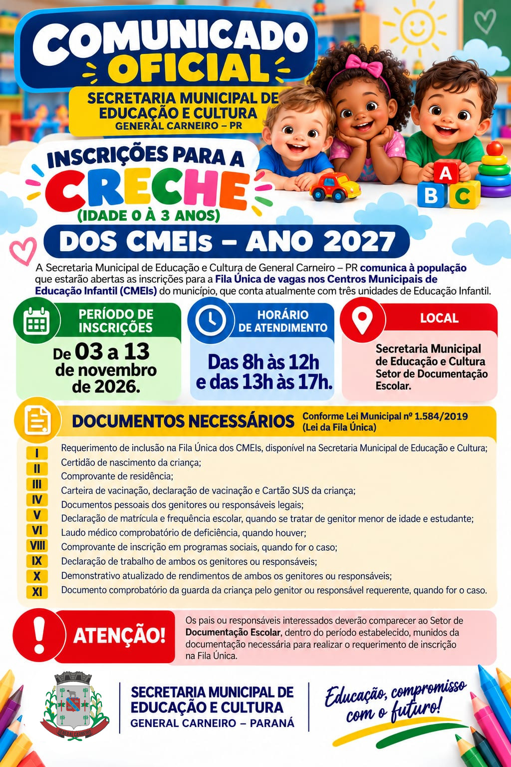 General Carneiro abre inscrições da Fila Única para vagas em CMEIs para 2027