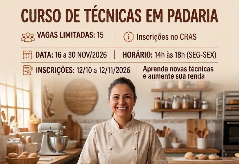 Curso gratuito de Técnicas em Padaria abre inscrições com 15 vagas